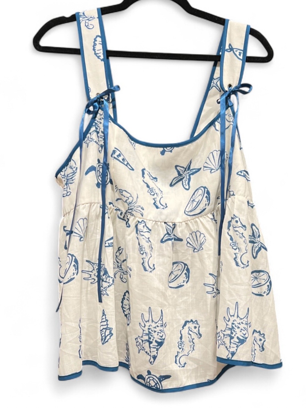 Cider Cream and Blue Seashell Print Tie-Strap Tank